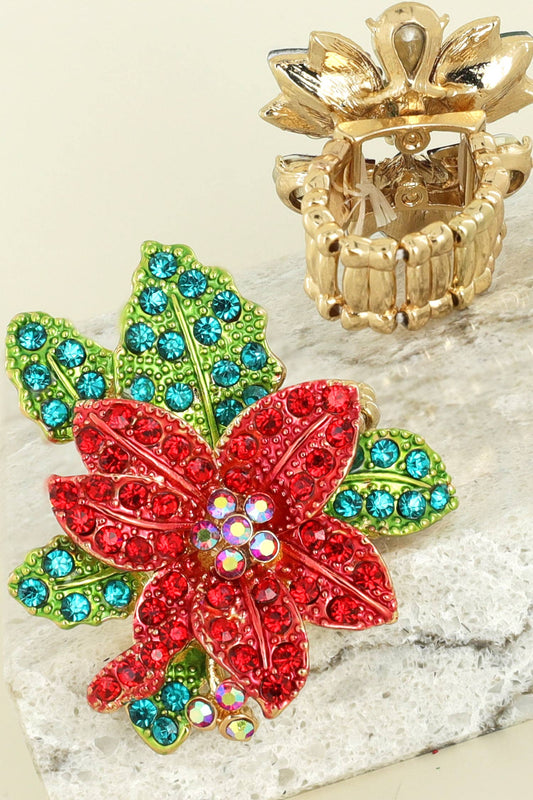 Christmas Rhinestone Poinsettia Stretch Ring