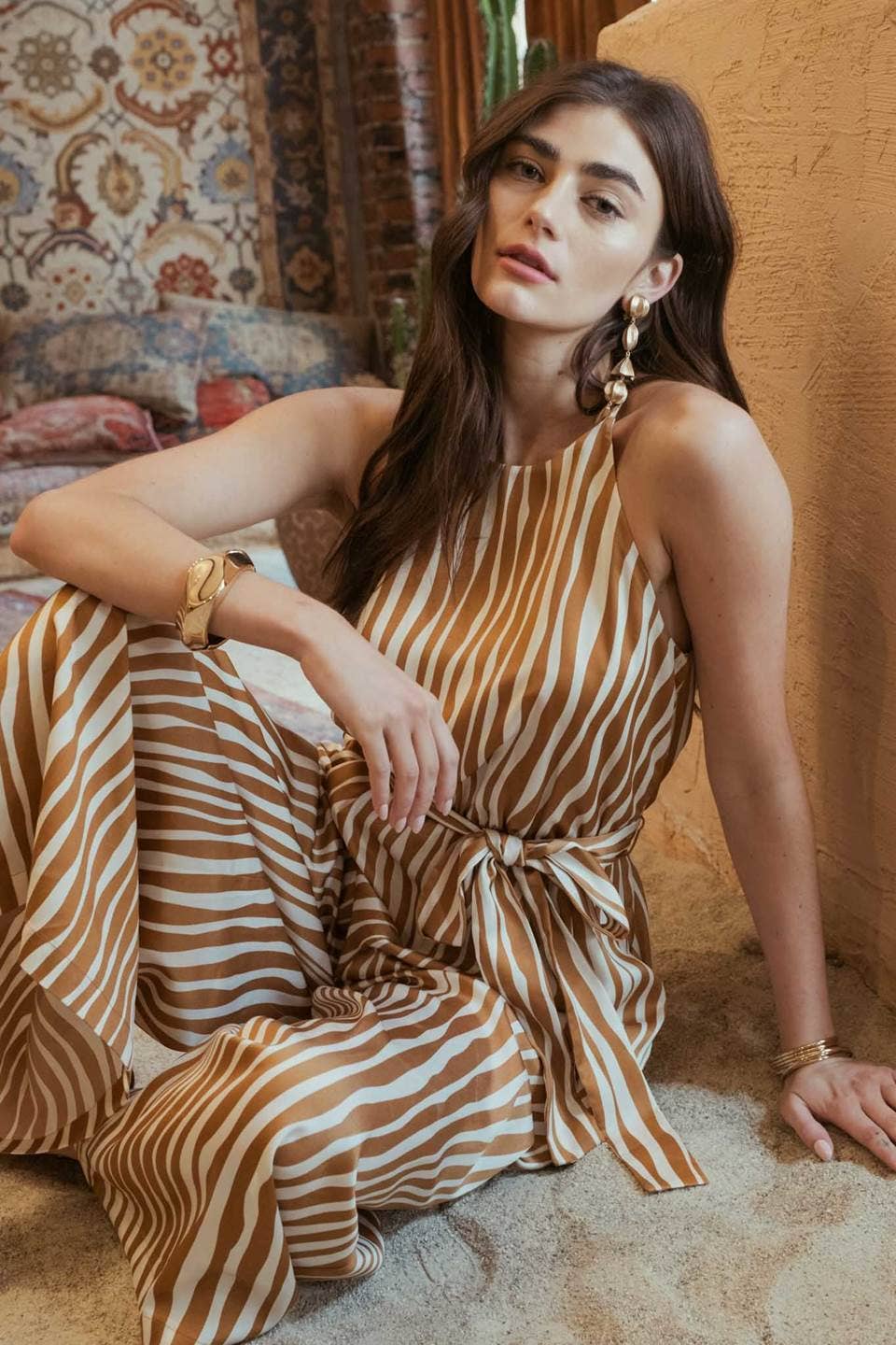 ABSTRACT STRIPE BELTED JUMPSUIT