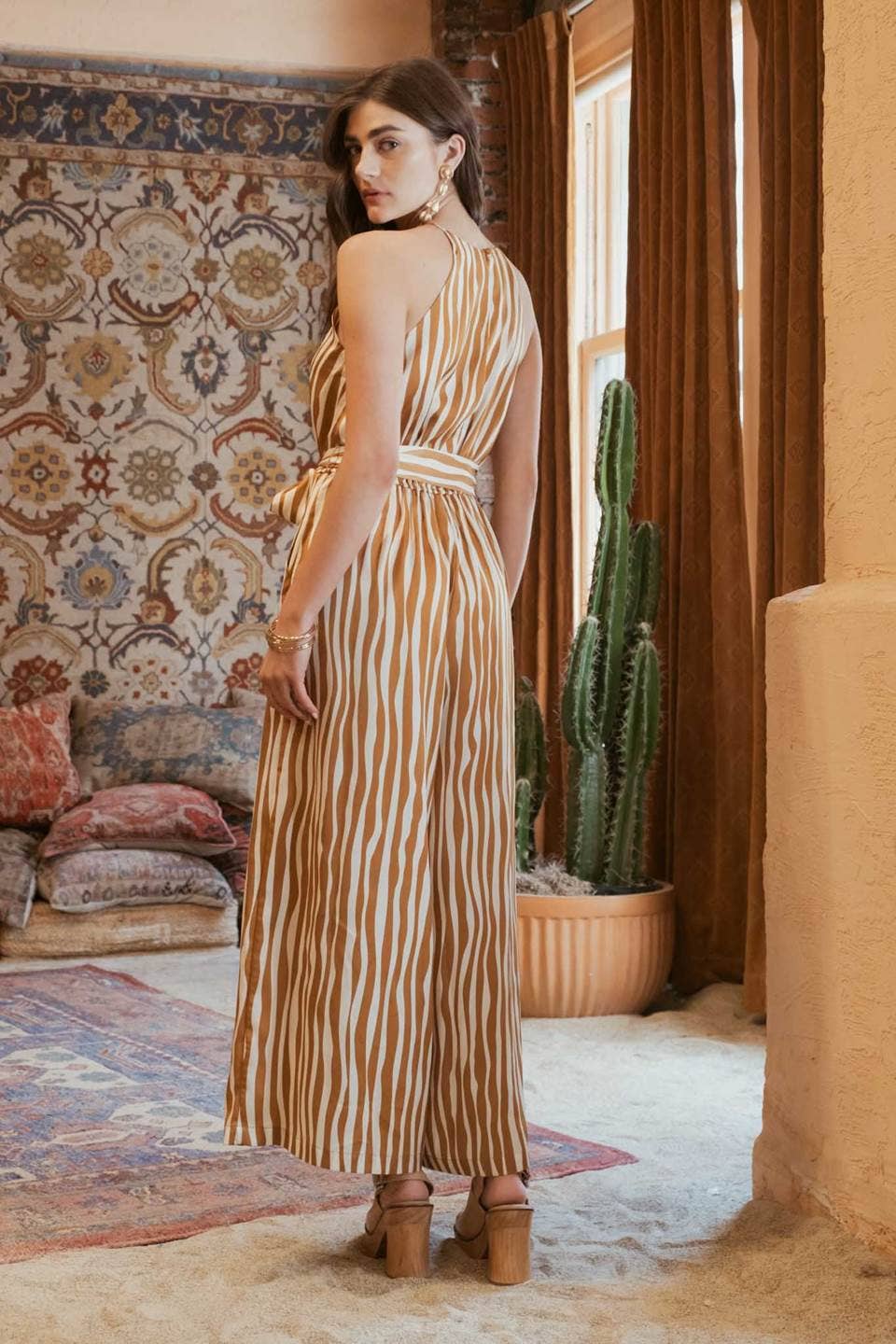 ABSTRACT STRIPE BELTED JUMPSUIT