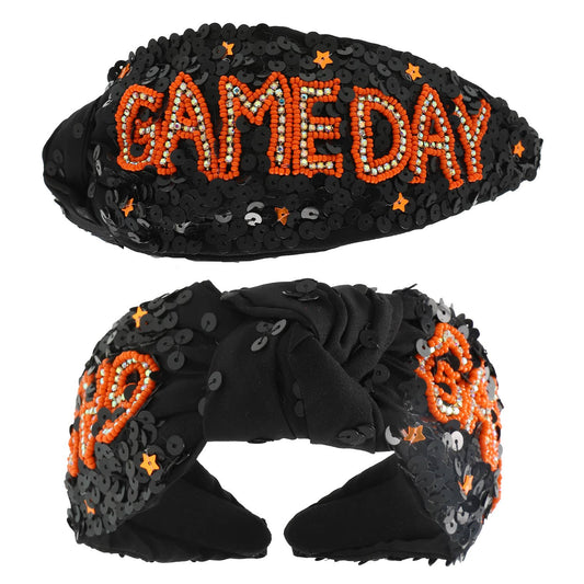 Game Day Top Knotted Jeweled Beaded Headband : Black Orange