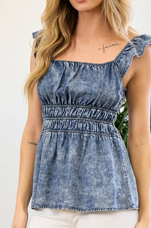 Smocked Waist Washed Denim Top