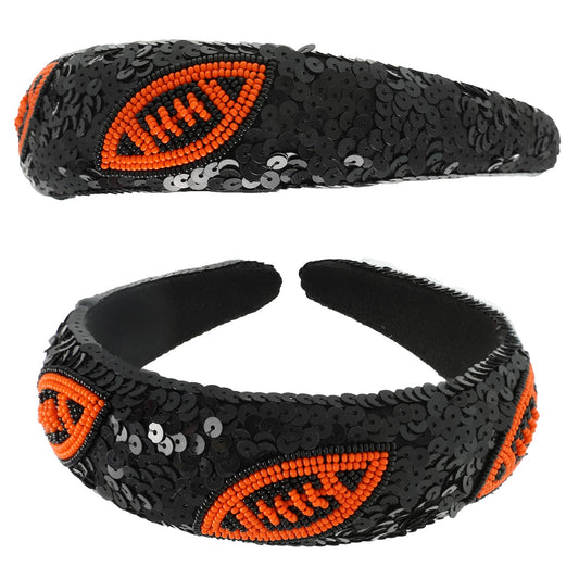 Two-Tone Football Sequins Beaded Headband : Black Orange