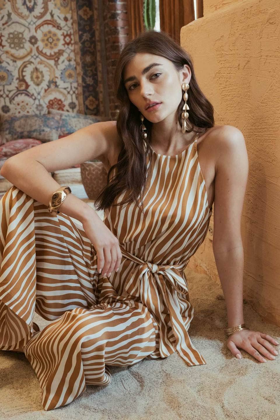 ABSTRACT STRIPE BELTED JUMPSUIT